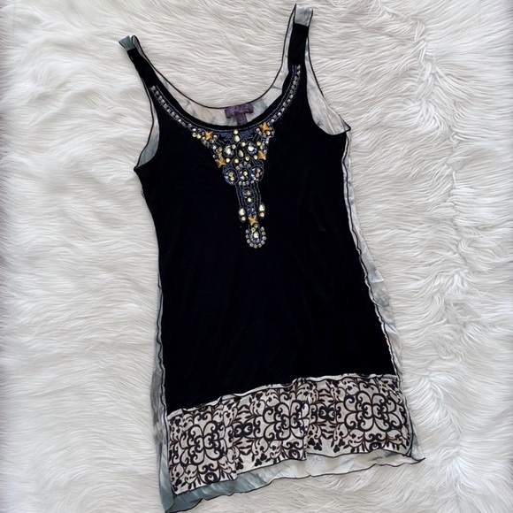Hale Bob Black Crystal Beaded Embellished Sleeveless Silk Tunic Top Dress - Picture 1 of 12